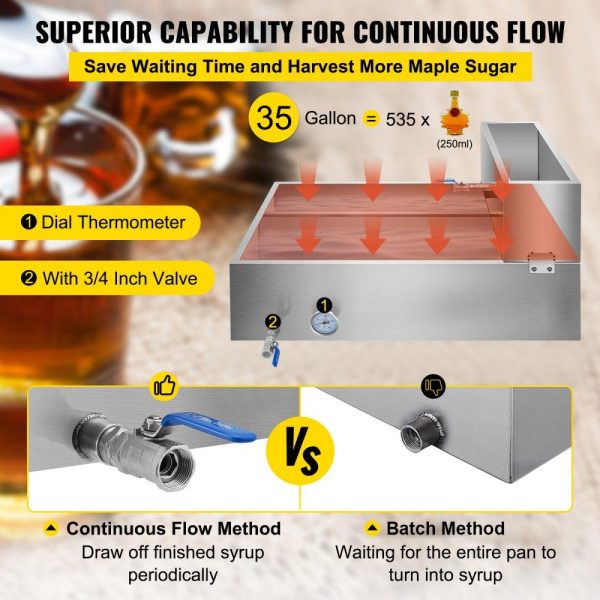 Food Preparation Equipment | Maple Syrup Evaporator Pan 36x24x18.5 Inch Stainless Steel Maple Syrup Boiling Pan with Valve and Thermometer and Divided Pan and Feed Pan Food Preparation Equipment Food Preparation Equipment