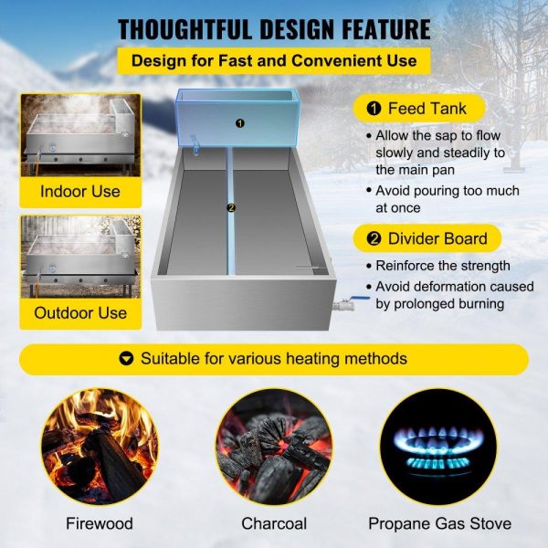 Food Preparation Equipment | Maple Syrup Evaporator Pan 48x24x19 Inch Stainless Steel Maple Syrup Boiling Pan with Valve and Thermometer and Divided Pan and Feed Pan Food Preparation Equipment Food Preparation Equipment