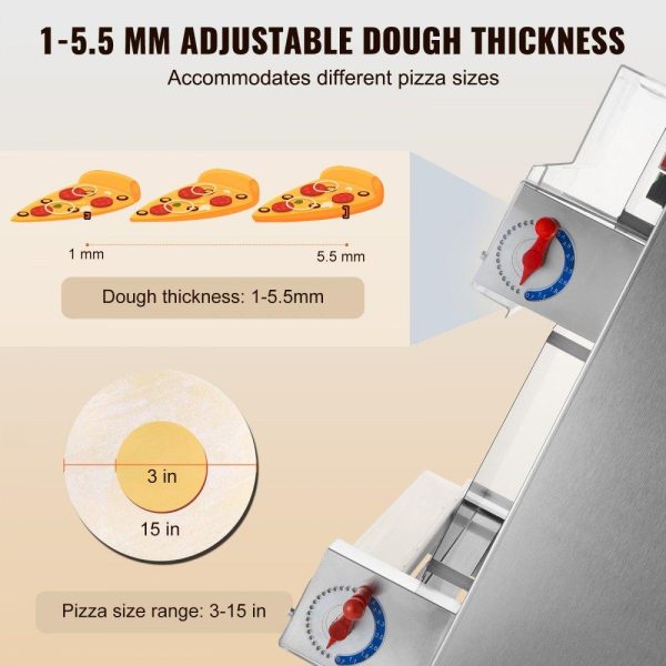 Food Preparation Equipment | Pizza Dough Roller Sheeter, 3-15 Inch Automatic Commercial Pizza Press, 390W Electric 260 Per Hour Dough Roller, Stainless Steel Adjustable Thickness Dough Machine, for Pasta Maker Equipment Food Preparation Equipment Food Preparation Equipment