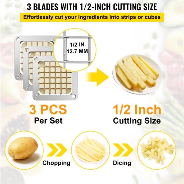 Food Preparation Equipment | Replacement Chopper Blade, 1/2 inch, 3 PCS French Fry Blade Assembly with 6 Extra Knives, Stainless Steel Dicer Parts and Push Block for Cutting Potatoes Carrots Onions Cucumbers Mushrooms Food Preparation Equipment Food Preparation Equipment