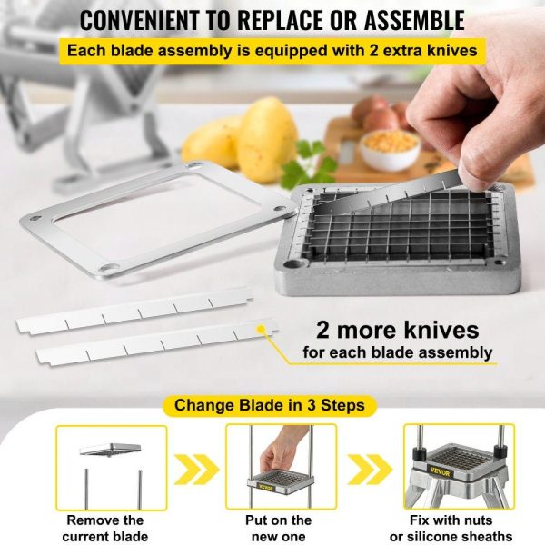 Food Preparation Equipment | Replacement Chopper Blade, 1/2 inch, 3 PCS French Fry Blade Assembly with 6 Extra Knives, Stainless Steel Dicer Parts and Push Block for Cutting Potatoes Carrots Onions Cucumbers Mushrooms Food Preparation Equipment Food Preparation Equipment