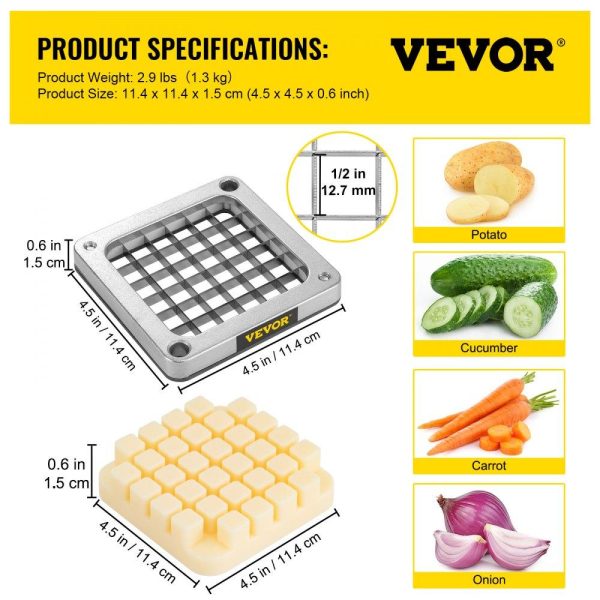 Food Preparation Equipment | Replacement Chopper Blade, 1/2 inch, 3 PCS French Fry Blade Assembly with 6 Extra Knives, Stainless Steel Dicer Parts and Push Block for Cutting Potatoes Carrots Onions Cucumbers Mushrooms Food Preparation Equipment Food Preparation Equipment