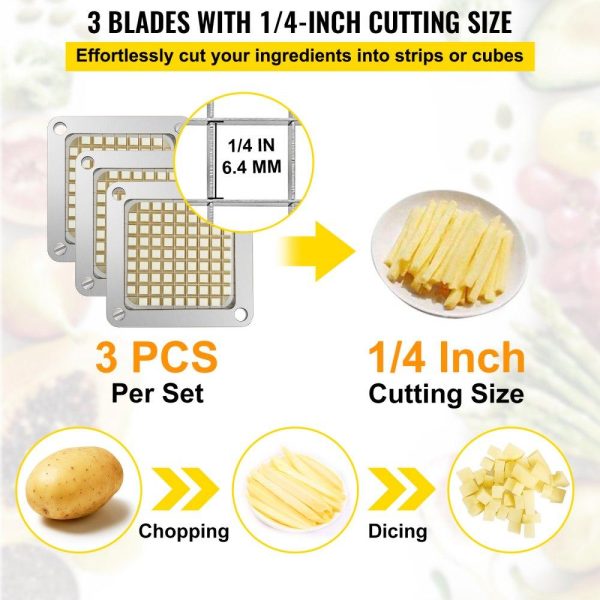 Food Preparation Equipment | Replacement Chopper Blade, 1/4 inch, 3 PCS French Fry Blade Assembly with 6 Extra Knives, Stainless Steel Dicer Parts and Push Block for Cutting Potatoes Carrots Onions Cucumbers Mushrooms Food Preparation Equipment Food Preparation Equipment