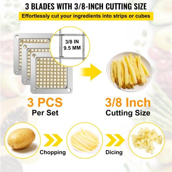 Food Preparation Equipment | Replacement Chopper Blade, 3/8 inch, 3 PCS French Fry Blade Assembly with 6 Extra Knives, Stainless Steel Dicer Parts and Push Block for Cutting Potatoes Carrots Onions Cucumbers Mushrooms Food Preparation Equipment Food Preparation Equipment