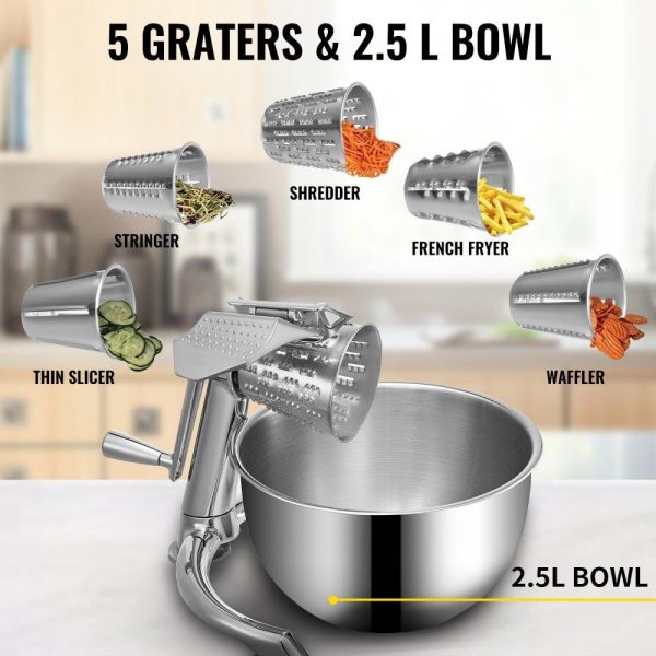 Food Preparation Equipment | Rotary Cheese Grater, Zinc Alloy Rotary Vegetable Mandoline, Manual Cheese Mandoline w/ 5 Stainless Steel Cutting Cones, Manual Vegetable Grater w/ 2.5L Bowl, Rotary Shredder w/Suction Base Food Preparation Equipment Food Preparation Equipment