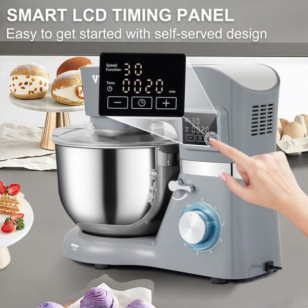 Food Preparation Equipment | Stand Mixer, 660W Electric Dough Mixer with 6 Speeds LCD Screen Timing, Tilt-Head Food Mixer with 5.8 Qt Stainless Steel Bowl, Dough Hook, Flat Beater, Whisk, Scraper, Splash-Proof Cover – Gray Food Preparation Equipment Food Preparation Equipment