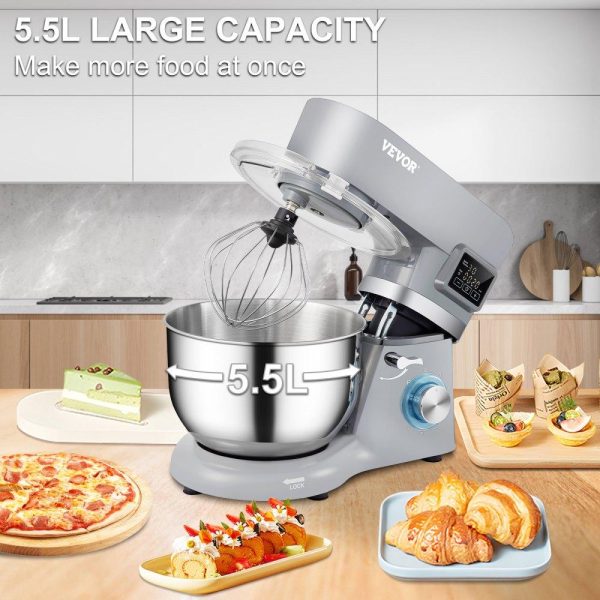 Food Preparation Equipment | Stand Mixer, 660W Electric Dough Mixer with 6 Speeds LCD Screen Timing, Tilt-Head Food Mixer with 5.8 Qt Stainless Steel Bowl, Dough Hook, Flat Beater, Whisk, Scraper, Splash-Proof Cover – Gray Food Preparation Equipment Food Preparation Equipment