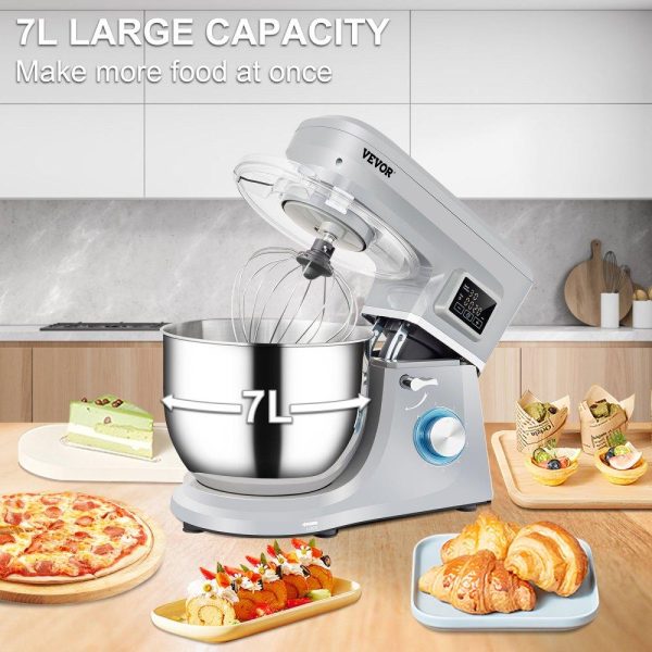 Food Preparation Equipment | Stand Mixer, 660W Electric Dough Mixer with 6 Speeds LCD Screen Timing, Tilt-Head Food Mixer with 7.4 Qt Stainless Steel Bowl, Dough Hook, Flat Beater, Whisk, Scraper, Splash-Proof Cover – Gray Food Preparation Equipment Food Preparation Equipment