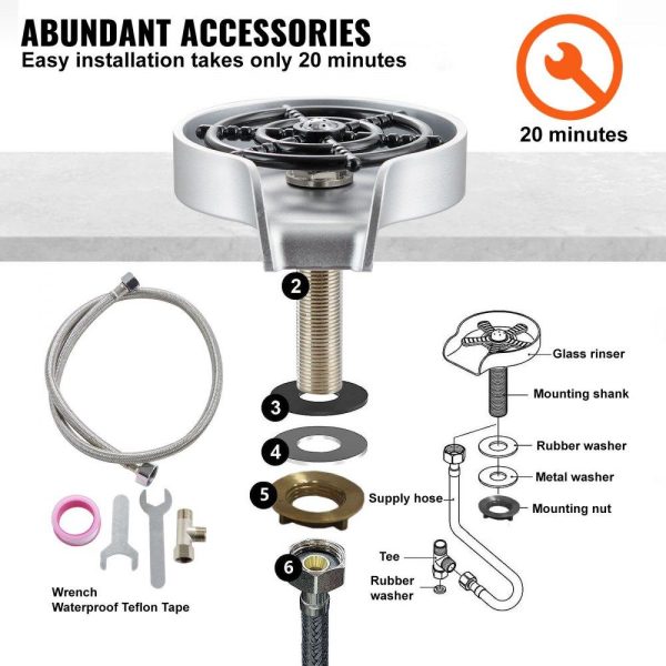 Janitorial Supplies | Glass Rinser, 10 Powerful Spraying Jets 360° Rotating Cup Rinser for Sink, Wearproof ABS Sink Faucet Cup Washer & ABS Cup Holder for Baby Bottle, Glass Cup, Wine Glass (Silver-White Base) Chrome Plated Janitorial Supplies Chrome Plated