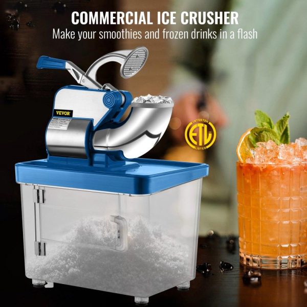 Refrigeration & Ice Equipment | 110V Commercial Ice Crusher 440LBS/H, ETL Approved 300W Electric Snow Cone Machine with Dual Blades, Stainless Steel Shaved Ice Machine with Safety On/Off Switch for Family, Restaurants, Bars Blue Refrigeration & Ice Equipment Blue