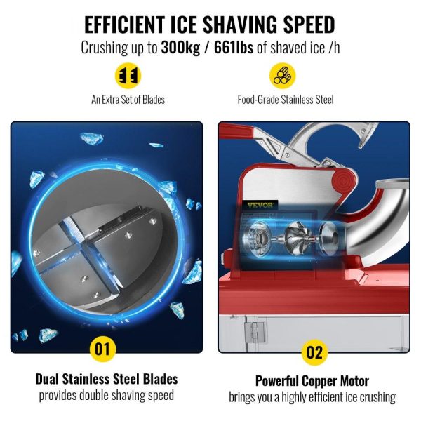 Refrigeration & Ice Equipment | 110V Commercial Ice Crusher 440LBS/H, ETL Approved 300W Electric Snow Cone Machine with Dual Blades, Stainless Steel Shaved Ice Machine with Safety On/Off Switch for Family, Restaurants, Bars Red Refrigeration & Ice Equipment Red