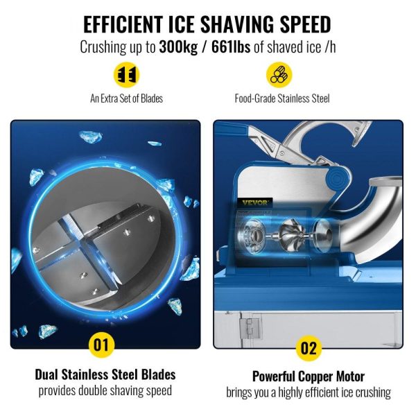 Refrigeration & Ice Equipment | 110V Commercial Ice Crusher 440LBS/H, ETL Approved 300W Electric Snow Cone Machine with Dual Blades, Stainless Steel Shaved Ice Machine with Safety On/Off Switch for Family, Restaurants, Bars Blue Refrigeration & Ice Equipment Blue