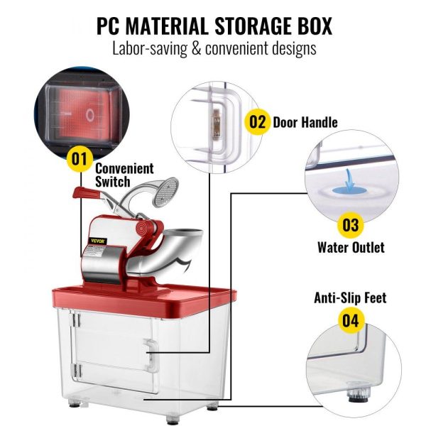 Refrigeration & Ice Equipment | 110V Commercial Ice Crusher 440LBS/H, ETL Approved 300W Electric Snow Cone Machine with Dual Blades, Stainless Steel Shaved Ice Machine with Safety On/Off Switch for Family, Restaurants, Bars Red Refrigeration & Ice Equipment Red