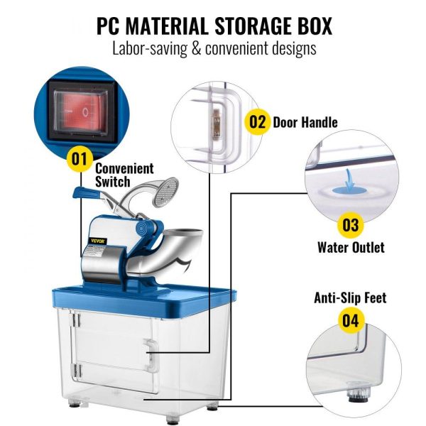 Refrigeration & Ice Equipment | 110V Commercial Ice Crusher 440LBS/H, ETL Approved 300W Electric Snow Cone Machine with Dual Blades, Stainless Steel Shaved Ice Machine with Safety On/Off Switch for Family, Restaurants, Bars Blue Refrigeration & Ice Equipment Blue