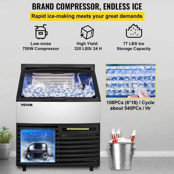 Refrigeration & Ice Equipment | 110V Commercial Ice Machine 320LBS/24H with 77LBS Bin, Clear Cube LED Panel, Stainless Steel, Air Cooling, ETL Approved, Professional Refrigeration Equipment, Include Scoop and Connection Hose Refrigeration & Ice Equipment Refrigeration & Ice Equipment