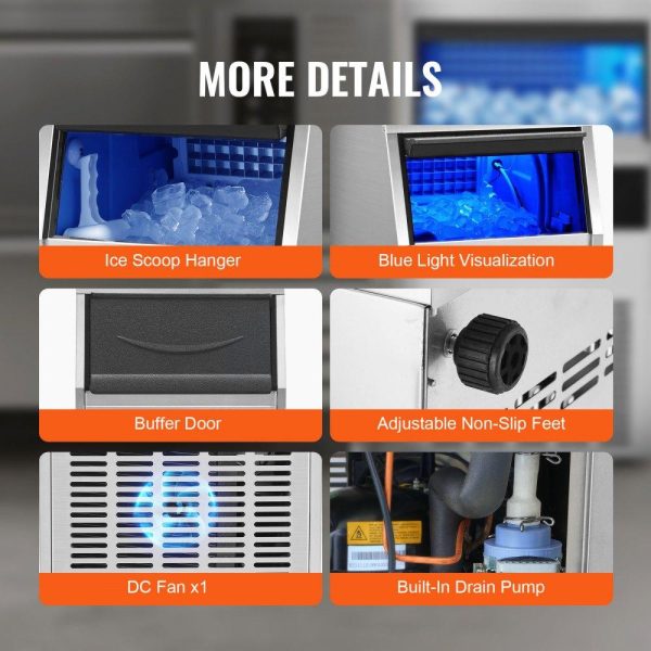 Refrigeration & Ice Equipment | 110V Commercial Ice Maker 80-90LBS/24H with 33LBS Bin, Full Heavy Duty Stainless Steel Construction, Automatic Operation, Clear Cube for Home Bar, Include Water Filter, Scoop, Connection Hose Refrigeration & Ice Equipment Refrigeration & Ice Equipment