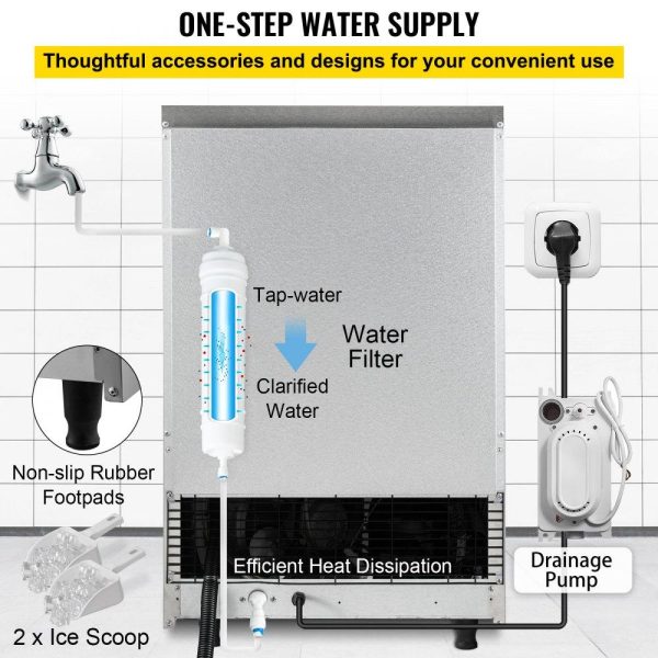 Refrigeration & Ice Equipment | 110V Commercial ice Maker Machine 110LBS/24H with 39LBS Bin and Electric Water Drain Pump, Stainless Steel Ice Machine, Auto Operation, Include Water Filter 2 Scoops and Connection Hose Refrigeration & Ice Equipment Refrigeration & Ice Equipment