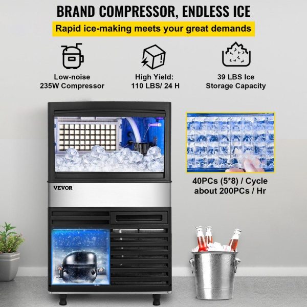 Refrigeration & Ice Equipment | 110V Commercial Ice Maker Machine 110LBS/24H with 39LBS Bin, LED Panel, Stainless Steel, Auto Clean, Include Water Filter, Scoop, Connection Hose, Professional Refrigeration Equipment Refrigeration & Ice Equipment Refrigeration & Ice Equipment