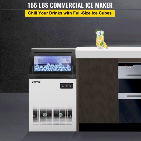 Refrigeration & Ice Equipment | 110V Commercial Ice Maker Machine 155LBS/24H, 530W Stainless Steel Ice Machine with 33LBS Storage Capacity, 72 Ice Cubes Ready in 11-15Mins, Includes Water Filter and Connection Hose Refrigeration & Ice Equipment Refrigeration & Ice Equipment