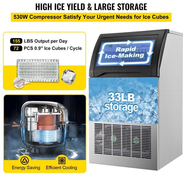 Refrigeration & Ice Equipment | 110V Commercial Ice Maker Machine 155LBS/24H, 530W Stainless Steel Ice Machine with 33LBS Storage Capacity, 72 Ice Cubes Ready in 11-15Mins, Includes Water Filter and Connection Hose Refrigeration & Ice Equipment Refrigeration & Ice Equipment