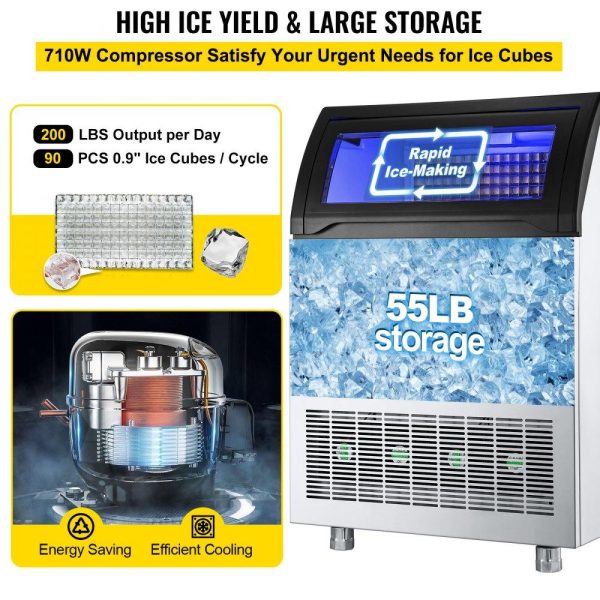 Refrigeration & Ice Equipment | 110V Commercial Ice Maker Machine 200LBS/24H, 710W Stainless Steel Ice Machine with 55LBS Storage Capacity, 90 Ice Cubes Ready in 11-15Mins, Includes Water Filter and Connection Hose Refrigeration & Ice Equipment Refrigeration & Ice Equipment