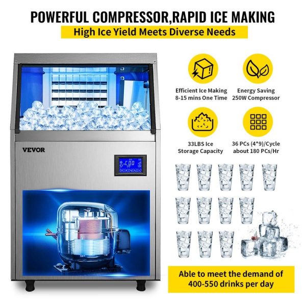 Refrigeration & Ice Equipment | 110V Commercial ice Maker Machine 90-100LBS/24H Stainless Steel Under Counter Ice Machine with 33LBS Bin for Home Bar, Electric Water Drain Pump,Water Filter,Scoops,Connection Hose Included Refrigeration & Ice Equipment Refrigeration & Ice Equipment