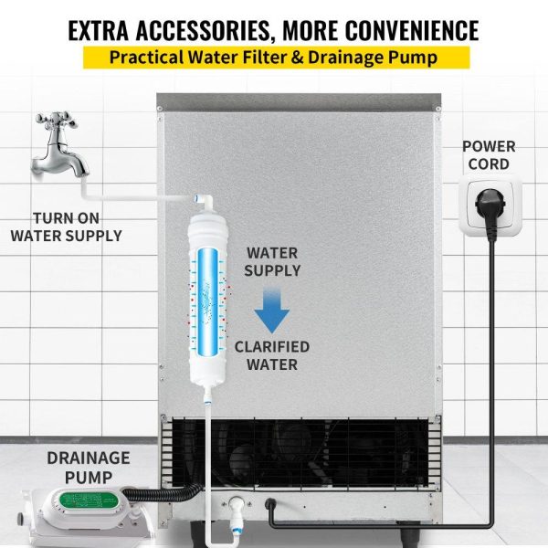 Refrigeration & Ice Equipment | 110V Commercial ice Maker Machine 90-100LBS/24H Stainless Steel Under Counter Ice Machine with 33LBS Bin for Home Bar, Electric Water Drain Pump,Water Filter,Scoops,Connection Hose Included Refrigeration & Ice Equipment Refrigeration & Ice Equipment