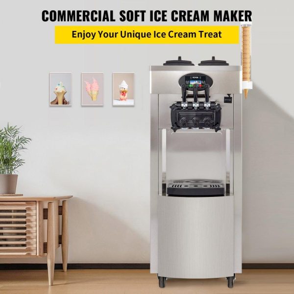 Refrigeration & Ice Equipment | 2200W Commercial Soft Ice Cream Machine 3 Flavors 5.3 to 7.4Gallon per Hour PreCooling at Night Auto Clean LCD Panel for Restaurants Snack Bar, Sliver Refrigeration & Ice Equipment Refrigeration & Ice Equipment