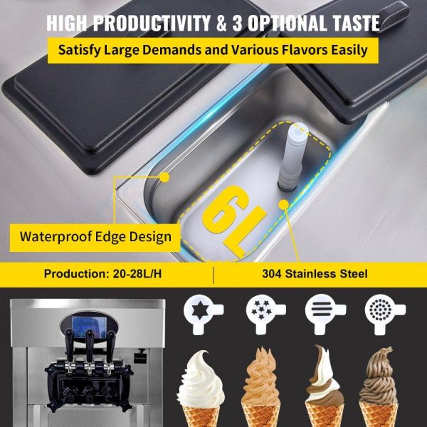 Refrigeration & Ice Equipment | 2200W Commercial Soft Ice Cream Machine 3 Flavors 5.3 to 7.4Gallon per Hour PreCooling at Night Auto Clean LCD Panel for Restaurants Snack Bar, Sliver Refrigeration & Ice Equipment Refrigeration & Ice Equipment