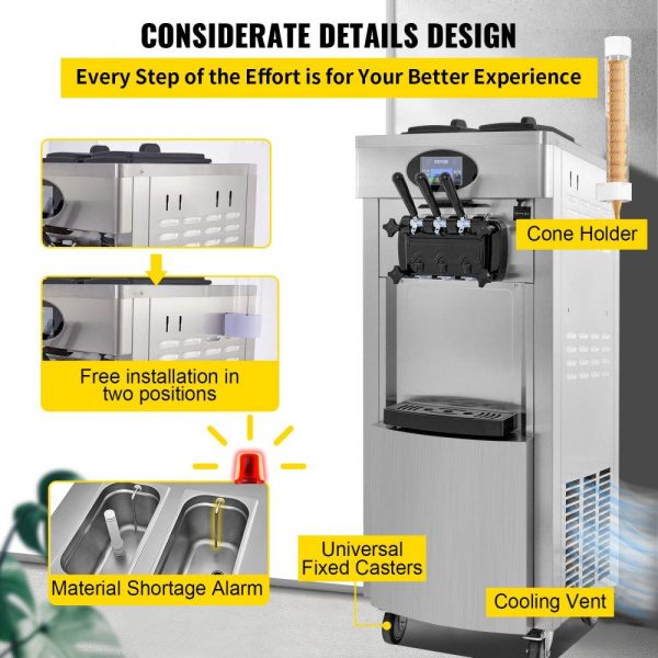 Refrigeration & Ice Equipment | 2200W Commercial Soft Ice Cream Machine 3 Flavors 5.3 to 7.4Gallon per Hour PreCooling at Night Auto Clean LCD Panel for Restaurants Snack Bar, Sliver Refrigeration & Ice Equipment Refrigeration & Ice Equipment