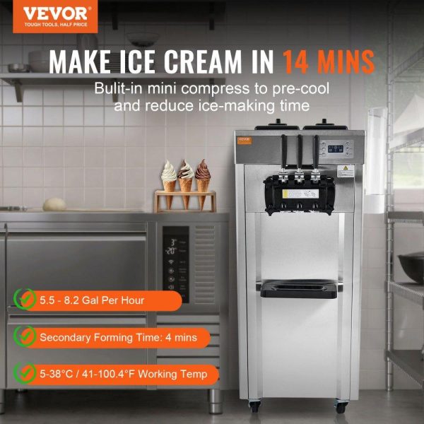 Refrigeration & Ice Equipment | 2200W Commercial Soft Ice Cream Machine 3 Flavors 5.3 to 7.4Gallon per Hour PreCooling at Night Auto Clean LCDPanel for Restaurants Snack Bar, Sliver Refrigeration & Ice Equipment Refrigeration & Ice Equipment