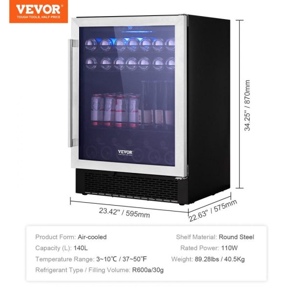 Refrigeration & Ice Equipment | 24″ Beverage Refrigerator, 154 Cans Under Counter Built-in or Freestanding Beer Cooler Fridge, Blue LED Light, Child Lock, Adjustable Shelves, ETL Refrigeration & Ice Equipment Refrigeration & Ice Equipment