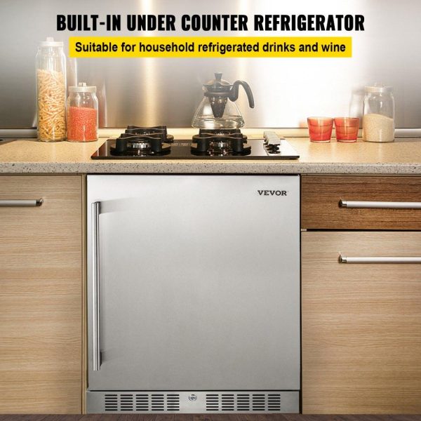 Refrigeration & Ice Equipment | 24” Built-in Beverage Cooler, 5.3 cu.ft. Stainless Steel Beverage Refrigerator w/Embraco Compressor, 142 Can Beer Fridge for Home Bar Office Outdoor Indoor Use, 150L, Black & Silver Refrigeration & Ice Equipment Refrigeration & Ice Equipment