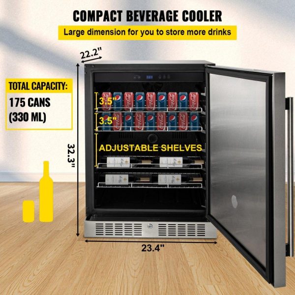 Refrigeration & Ice Equipment | 24” Built-in Beverage Cooler, 5.3 cu.ft. Stainless Steel Beverage Refrigerator w/Embraco Compressor, 142 Can Beer Fridge for Home Bar Office Outdoor Indoor Use, 150L, Black & Silver Refrigeration & Ice Equipment Refrigeration & Ice Equipment