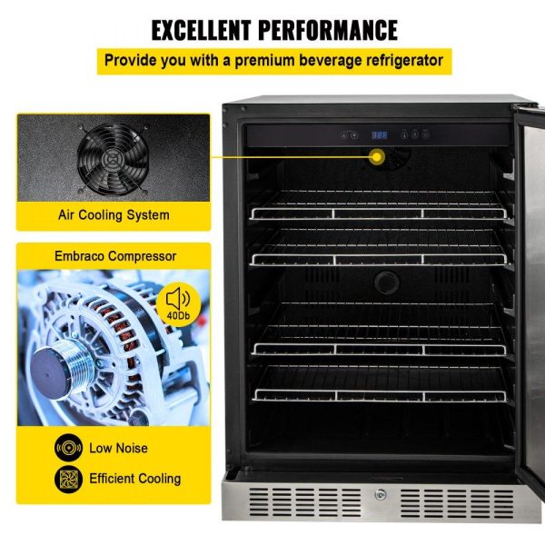 Refrigeration & Ice Equipment | 24” Built-in Beverage Cooler, 5.3 cu.ft. Stainless Steel Beverage Refrigerator w/Embraco Compressor, 142 Can Beer Fridge for Home Bar Office Outdoor Indoor Use, 150L, Black & Silver Refrigeration & Ice Equipment Refrigeration & Ice Equipment