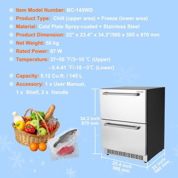 Refrigeration & Ice Equipment | 24 inch Undercounter Refrigerator, 2 Drawer Refrigerator with Different Temperature, 4.87 Cu.ft. Capacity, Waterproof Indoor and Outdoor Under Counter Freezer Fridge for Home and Commercial Use Refrigeration & Ice Equipment Refrigeration & Ice Equipment