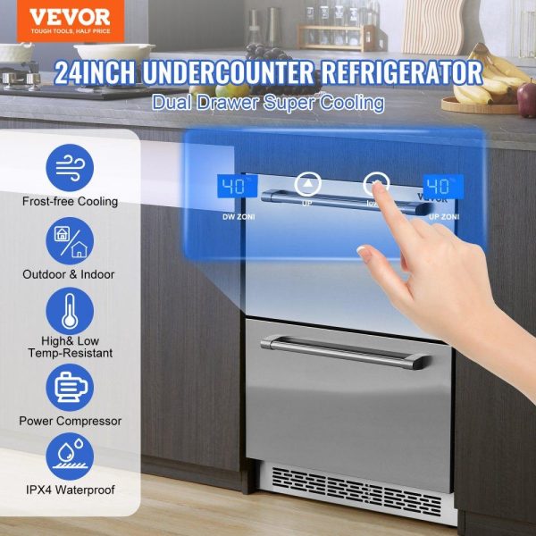 Refrigeration & Ice Equipment | 24″ Undercounter Refrigerator, 2 Drawer Built-in Beverage Refrigerator with Touch Panel, 5.12 Cu.ft. Capacity, Waterproof Indoor and Outdoor Under Counter Fridge for Home and Commercial Use Refrigeration & Ice Equipment Refrigeration & Ice Equipment