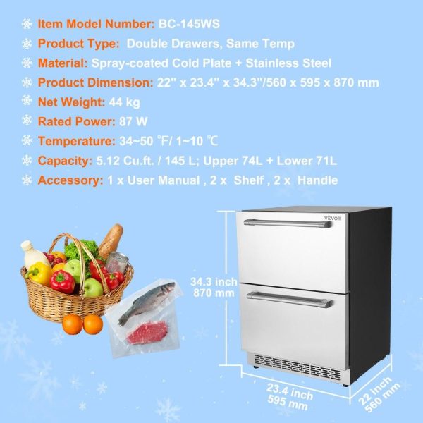 Refrigeration & Ice Equipment | 24″ Undercounter Refrigerator, 2 Drawer Built-in Beverage Refrigerator with Touch Panel, 5.12 Cu.ft. Capacity, Waterproof Indoor and Outdoor Under Counter Fridge for Home and Commercial Use Refrigeration & Ice Equipment Refrigeration & Ice Equipment