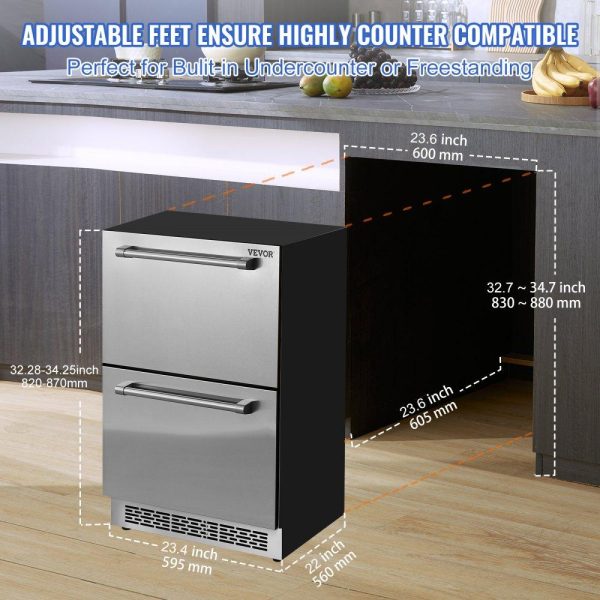 Refrigeration & Ice Equipment | 24″ Undercounter Refrigerator, 2 Drawer Wine Refrigerator with Different Temperature, 4.87 Cu.ft. Capacity, Waterproof Indoor and Outdoor Under Counter Drawer Fridge for Home Use Refrigeration & Ice Equipment Refrigeration & Ice Equipment