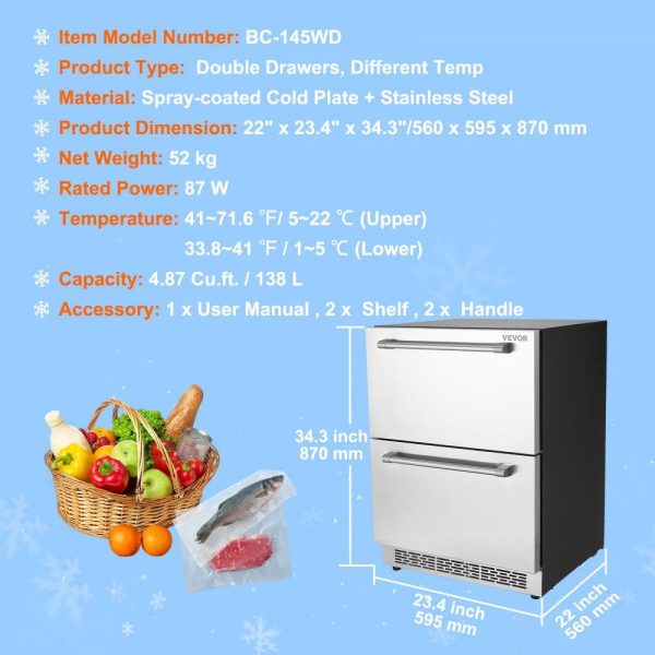 Refrigeration & Ice Equipment | 24″ Undercounter Refrigerator, 2 Drawer Wine Refrigerator with Different Temperature, 4.87 Cu.ft. Capacity, Waterproof Indoor and Outdoor Under Counter Drawer Fridge for Home Use Refrigeration & Ice Equipment Refrigeration & Ice Equipment