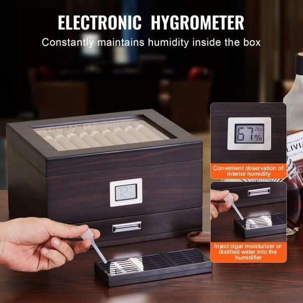 Refrigeration & Ice Equipment | 50 Cigar Humidor Glasstop Cedar Cigar Box Humidifier & Hygrometer & Drawer Refrigeration & Ice Equipment Refrigeration & Ice Equipment