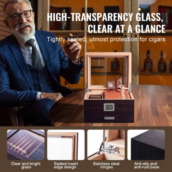 Refrigeration & Ice Equipment | 50 Cigar Humidor Glasstop Cedar Cigar Box Humidifier & Hygrometer & Drawer Refrigeration & Ice Equipment Refrigeration & Ice Equipment