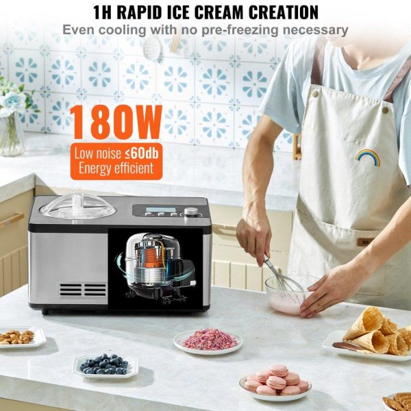 Refrigeration & Ice Equipment | Automatic Ice Cream Maker with Built-in Compressor, 2 Quart No Pre-freezing Fruit Yogurt Machine, Stainless Steel Electric Sorbet Maker, 3 Modes Gelato Maker with LCD Display & Timer, Silver Refrigeration & Ice Equipment Refrigeration & Ice Equipment