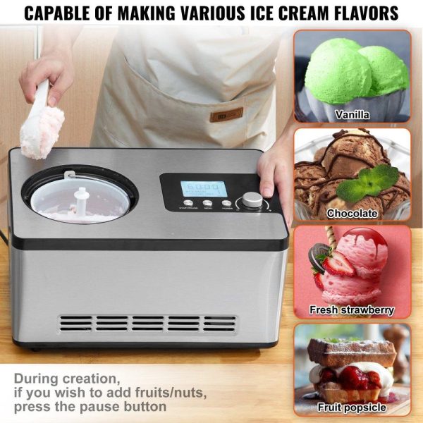 Refrigeration & Ice Equipment | Automatic Ice Cream Maker with Built-in Compressor, 2 Quart No Pre-freezing Fruit Yogurt Machine, Stainless Steel Electric Sorbet Maker, 3 Modes Gelato Maker with LCD Display & Timer, Silver Refrigeration & Ice Equipment Refrigeration & Ice Equipment