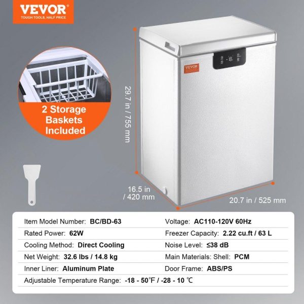 Refrigeration & Ice Equipment | Chest Freezer, 2.22 Cu.ft / 63 L Compact Deep Freezer, Free Standing Top Open Door Chest Freezers with 2 Removable Baskets & Adjustable Thermostat, Energy Saving & Low Noise, White Refrigeration & Ice Equipment Refrigeration & Ice Equipment