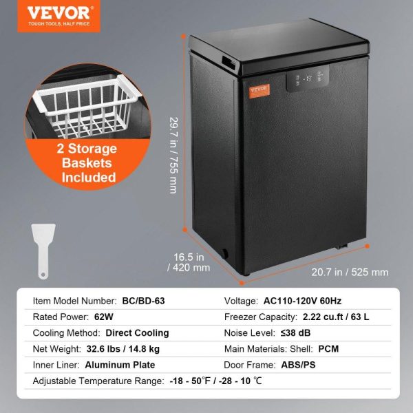 Refrigeration & Ice Equipment | Chest Freezer, 2.22 Cu.ft / 63 L Compact Deep Freezer, Free Standing Top Open Door Chest Freezers with 2 Removable Baskets & Adjustable Thermostat, Energy Saving & Low Noise, Black Refrigeration & Ice Equipment Refrigeration & Ice Equipment