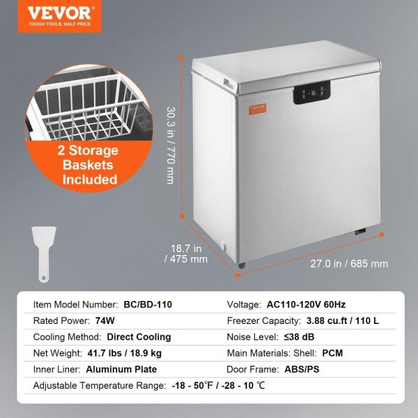 Refrigeration & Ice Equipment | Chest Freezer, 3.88 Cu.ft / 110 L Compact Deep Freezer, Free Standing Top Open Door Compact Freezers with 2 Removable Baskets & Adjustable Thermostat, Energy Saving & Low Noise, White Refrigeration & Ice Equipment Refrigeration & Ice Equipment