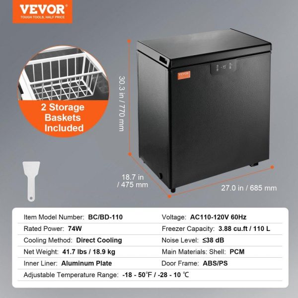 Refrigeration & Ice Equipment | Chest Freezer, 3.88 Cu.ft / 110 L Compact Deep Freezer, Free Standing Top Open Door Compact Freezers with 2 Removable Baskets & Adjustable Thermostat, Energy Saving & Low Noise, Black Refrigeration & Ice Equipment Refrigeration & Ice Equipment