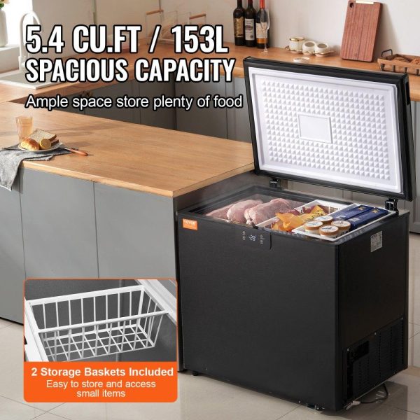 Refrigeration & Ice Equipment | Chest Freezer, 5.4 Cu.ft / 153 L Compact Deep Freezer, Free Standing Top Open Door Compact Freezers with 2 Removable Baskets & Adjustable Thermostat, Energy Saving & Low Noise, Black Refrigeration & Ice Equipment Refrigeration & Ice Equipment