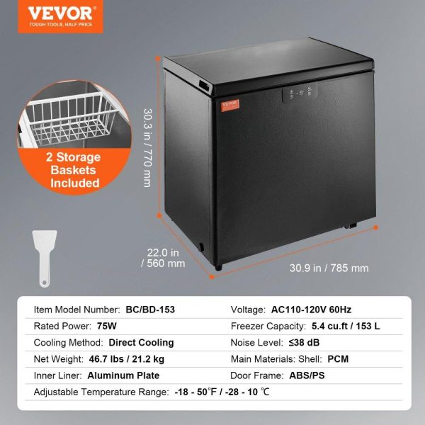 Refrigeration & Ice Equipment | Chest Freezer, 5.4 Cu.ft / 153 L Compact Deep Freezer, Free Standing Top Open Door Compact Freezers with 2 Removable Baskets & Adjustable Thermostat, Energy Saving & Low Noise, Black Refrigeration & Ice Equipment Refrigeration & Ice Equipment